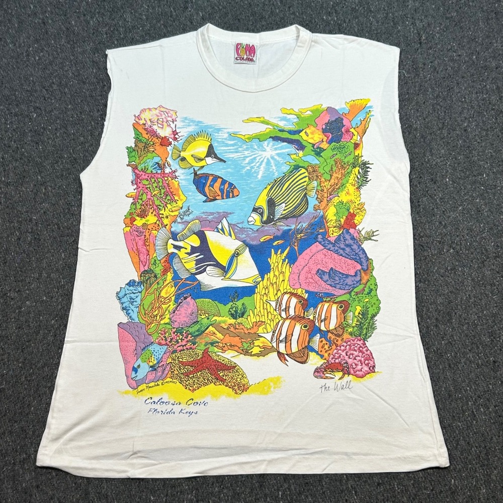 Vintage Pina Colada Muscle Tee XL Mens White 90s Florida Keys Fish Graphic Shirt